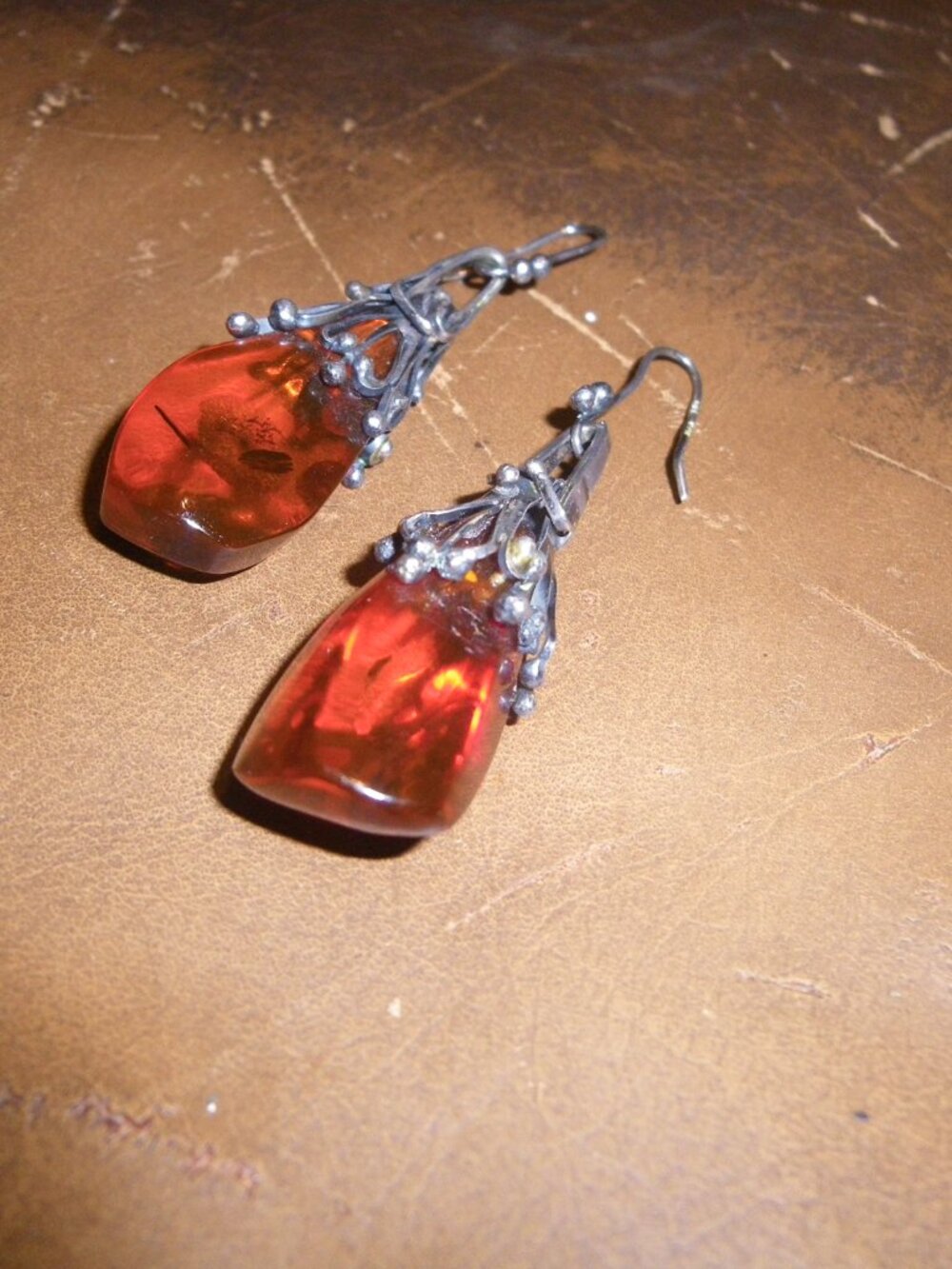Women’s Sterling Silver Dangling Earrings w/ Big Thick Baltic Amber Gemstones - Picture 2 of 3